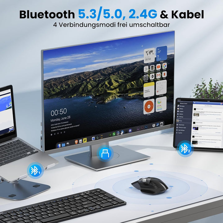 TECKNET Bluetooth Kabellose Maus, Turbo Scrollrad und Seitliches Mausrad Schwarz Mittel bis gross, S