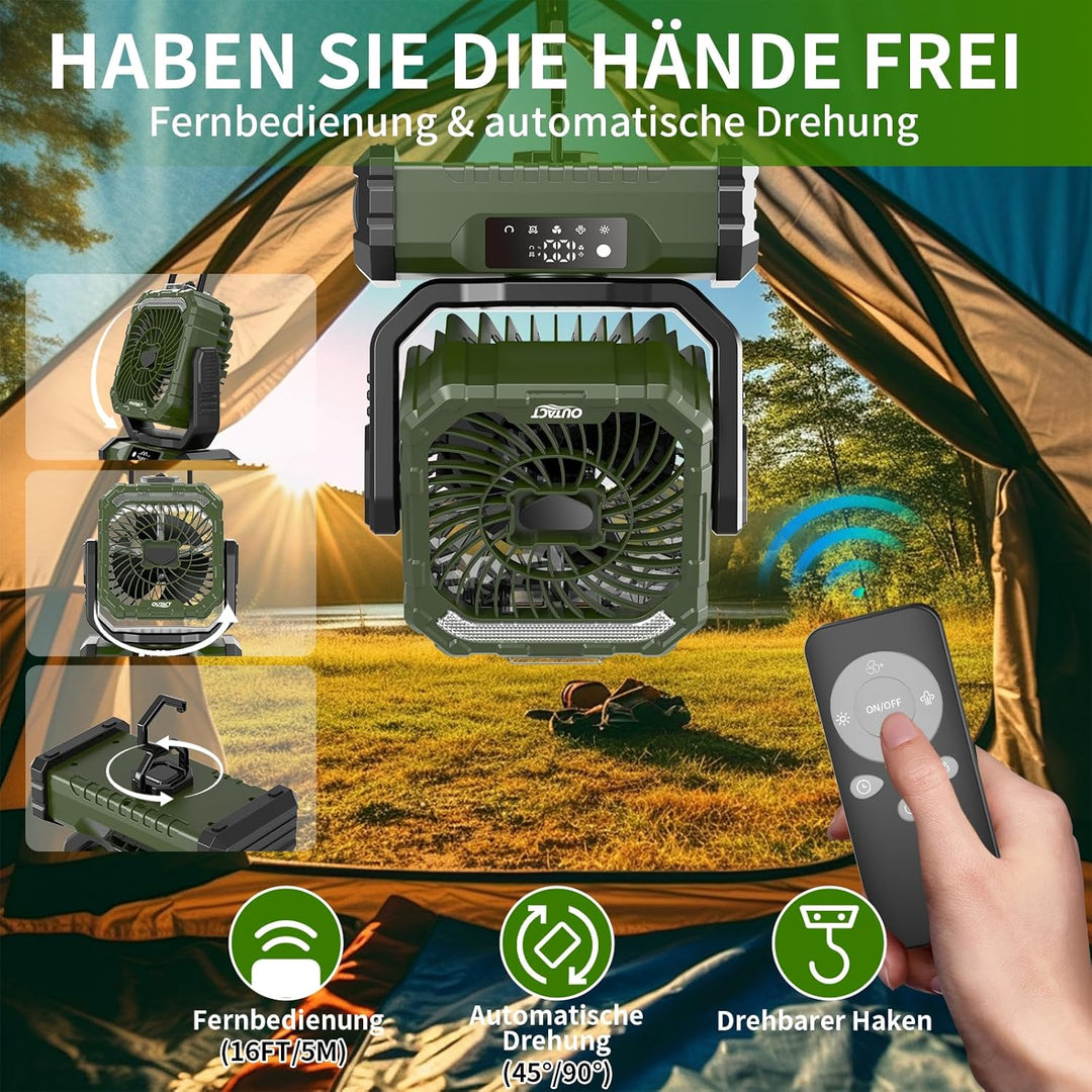 Camping Ventilator 20000mAh, Wiederaufladbarer Tischventilator USB Ventilator mit LED Licht & Haken,