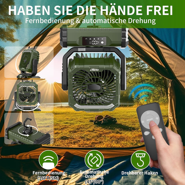 Camping Ventilator 20000mAh, Wiederaufladbarer Tischventilator USB Ventilator mit LED Licht & Haken,
