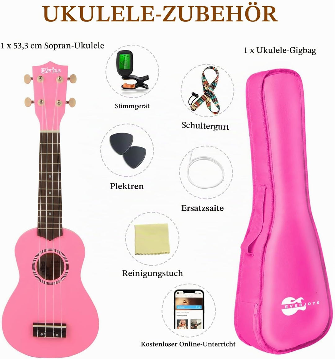 Everjoys Sopran Ukulele Set für Kinder und Erwachsene 21 Zoll Ukulele Starter Kit mit Tasche, Tuner,
