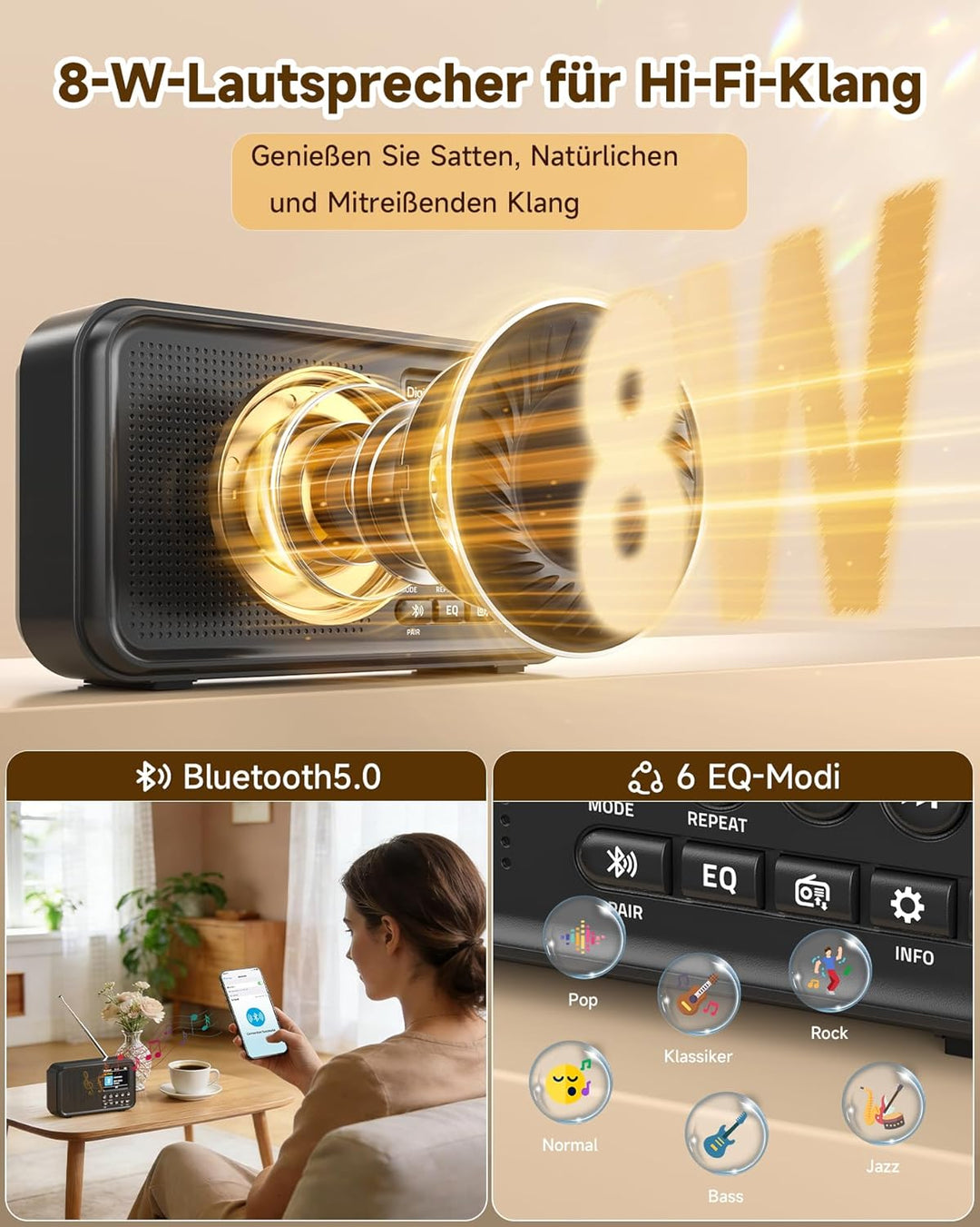 Roxicosly Tragbares DAB/DAB+ Radio, 80 Voreingestellte, UKW Digital Radio mit 3000-mAh Akku, Küchenr