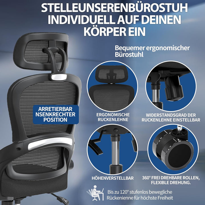 TRALT Ergonomischer Bürostuhl - Schreibtischstuhl mit Verstellbare Kopfstütze Höhenverstellbarer Bür