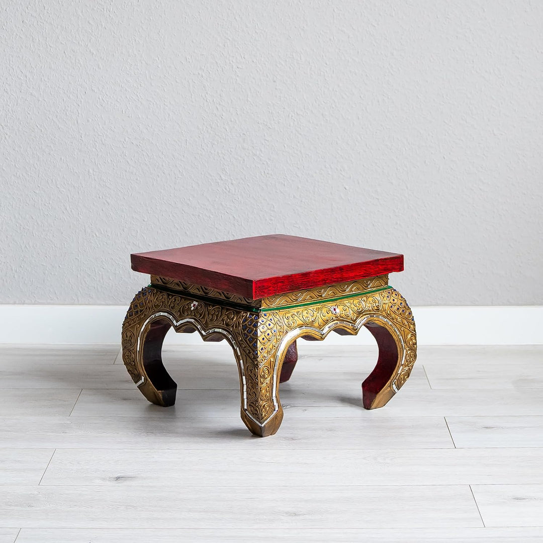 livasia Opiumtisch mit Glasmosaikverzierungen, Beistelltisch aus Holz, Nachttisch, asiatischer Hocke