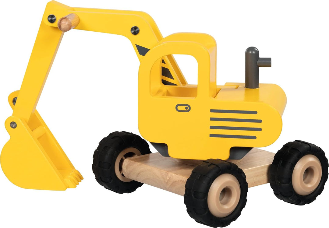 goki 55898 - Bagger aus Massivholz, Robustes Baufahrzeug mit beweglicher Schaufel und Gummireifen, g