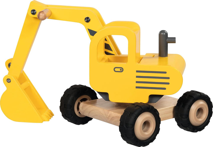 goki 55898 - Bagger aus Massivholz, Robustes Baufahrzeug mit beweglicher Schaufel und Gummireifen, g