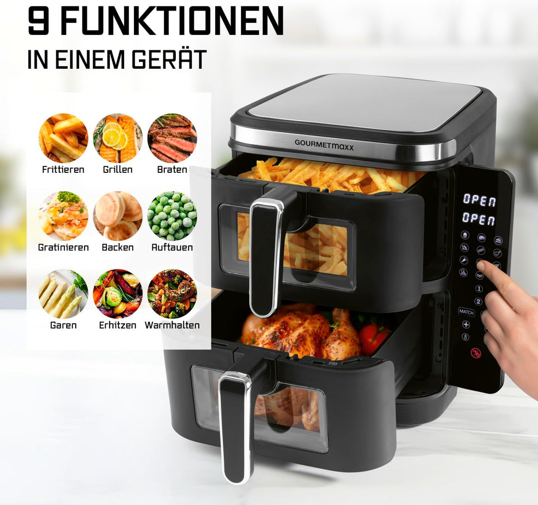 GOURMETmaxx FryUp Vertikale Doppelkammer Heissluftfritteuse XXL | Airfryer mit Sichtfenstern & Klapp