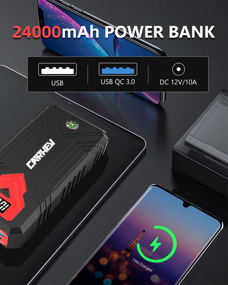 CARHEV 3000A Starthilfe Powerbank, 27000mAh Auto starthilfe für bis zu 8L Benzin & 8L Dieselmotor, 1