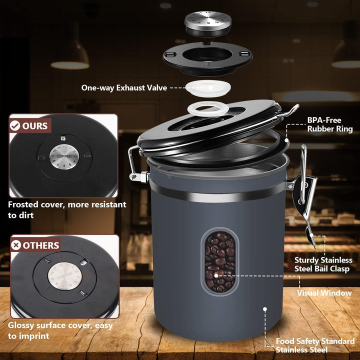 ROCKY&CHAO Kaffeedose Luftdicht aus Edelstahl 1,5L Kaffeebhnen Behälter 500g Vorratsdose für Tee Nüs