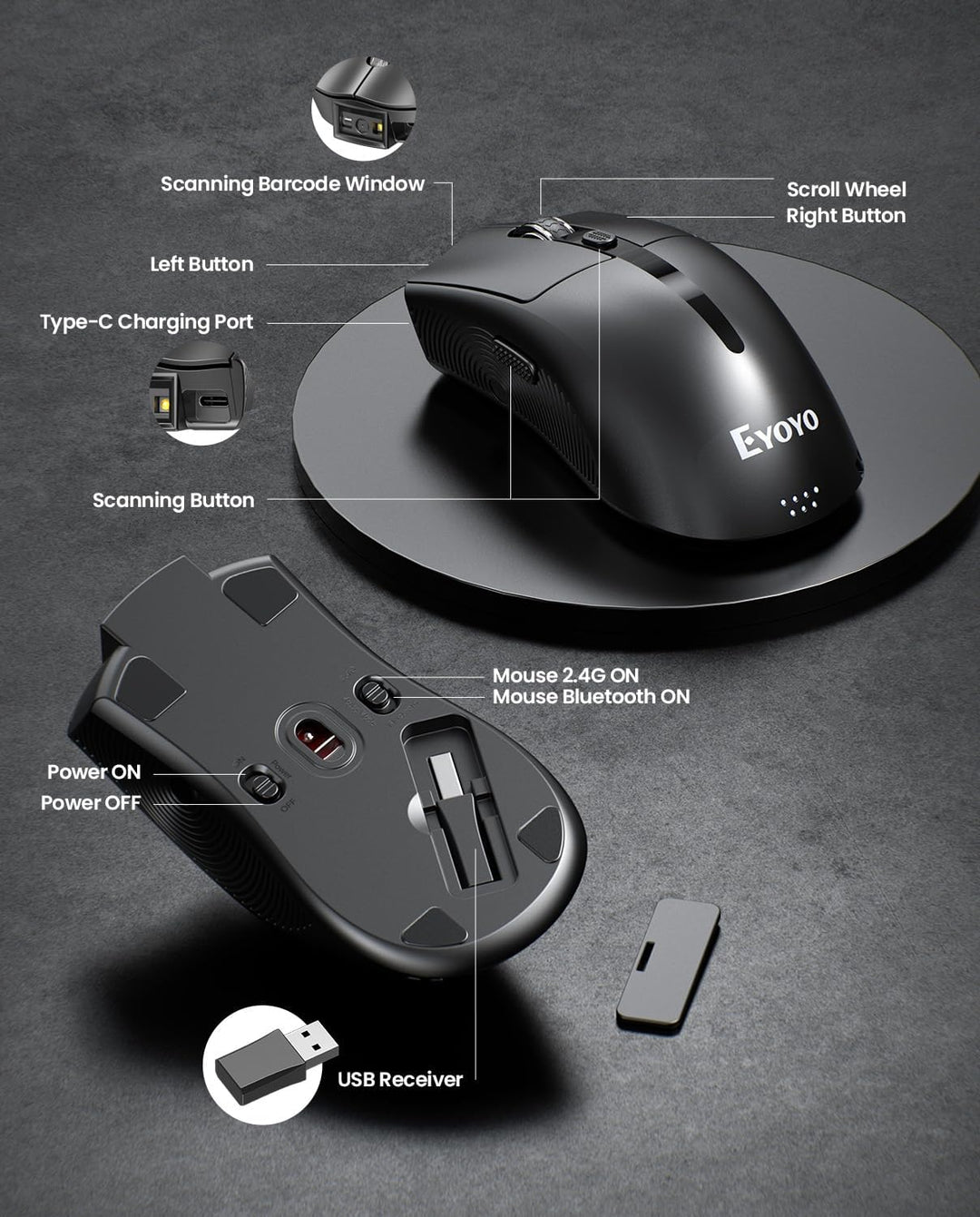 Eyoyo Wireless Mouse Barcode Scanner: 2-in-1 Bluetooth QR-Code-Scanner und Maus-Kombination mit 1200