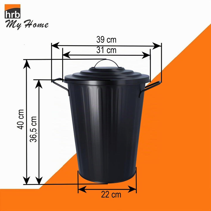 HRB Mülleimer Zink schwarz, 20 Liter, Vintage Design, sehr stabil mit Deckel- geeignet als Mülleimer
