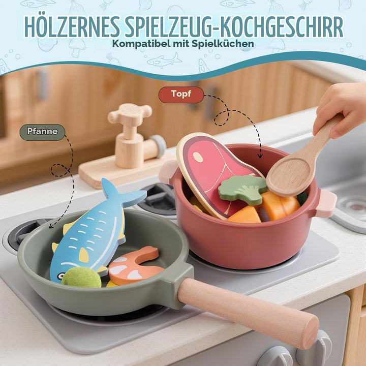 Kinderküche Zubehör aus Holz - Spielküche Zubehör, Spielzeug ab 3 Jahre, Holzspielzeug mit Töpfe &amp; K