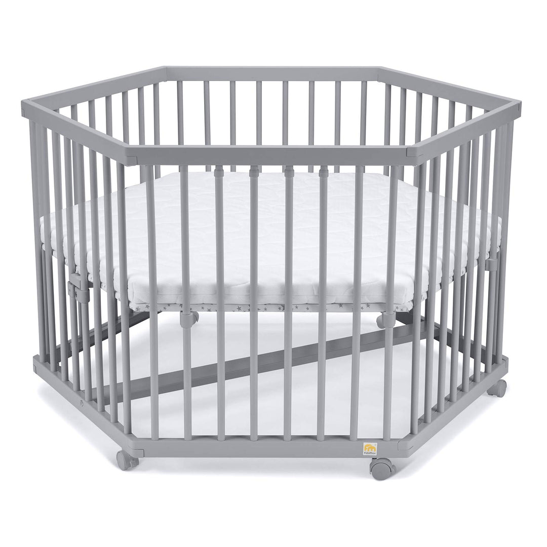 FabiMax Baby Laufgitter 6-eck Grau lackiert, stufenlos höhenverstellbar, mit Schlupfsprossen, Laufst