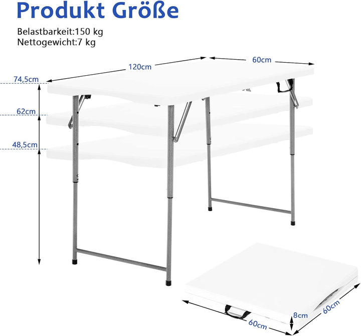 GOPLUS Klappbarer Campingtisch, Gartenklapptisch aus Eisenrohr & HDPE mit Griff, 3-Fach höhenverstel