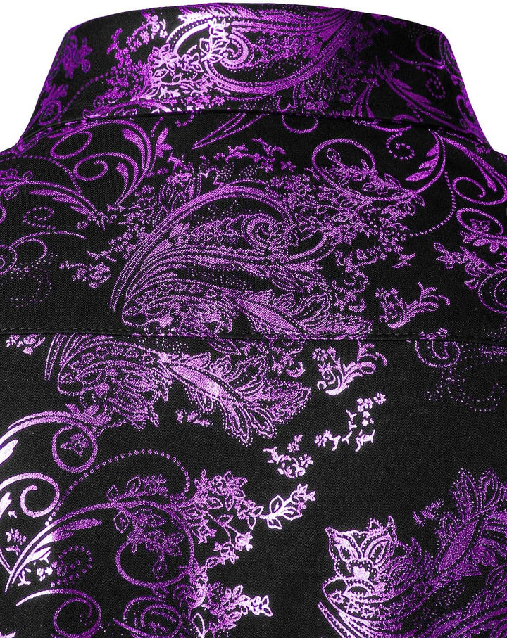 PARKLEES Herren Luxus Paisley Gemustert Golden Glänzend Slim Fit Freizeithemd M Schwarz Lila, M Schw