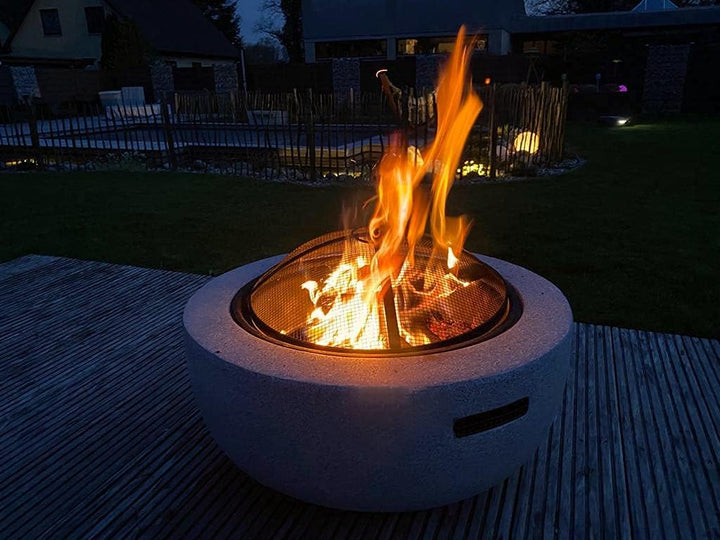 Feuerschale mit Funkenschutz für den Garten, rund, Ø 60 cm, Granitoptik, inkl. Schürhaken, mit Grill