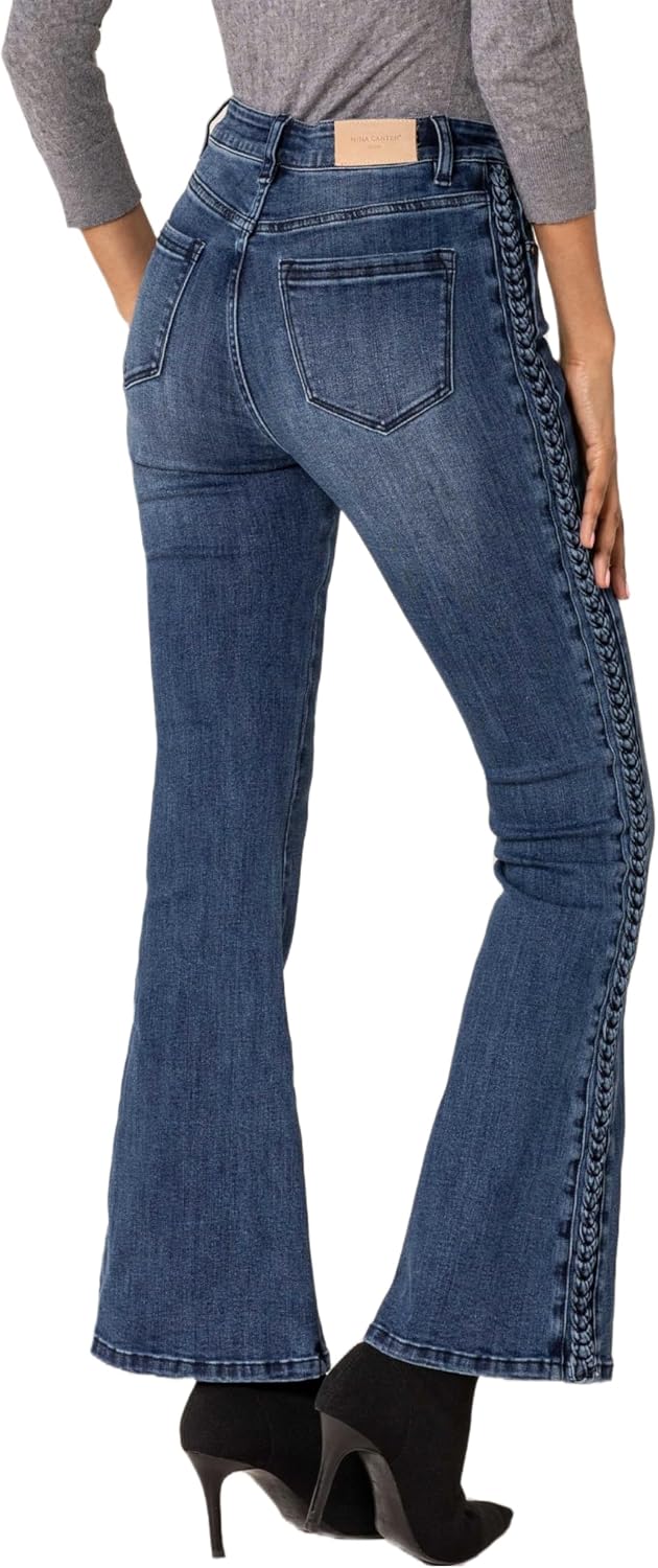 Nina Carter Q1897 Damen Bootcut Jeans im Retro-Stil HIGH Waist Stretchjeans Jeanshosen Used-Look Sch