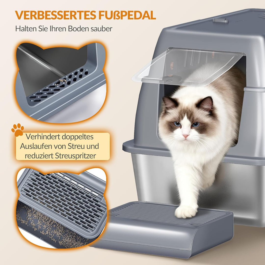 Edelstahl-Katzenklo mit Deckel, Geschlossene Katzentoilette, 180°Klappdeckel, Inklusive Pedal und Sc
