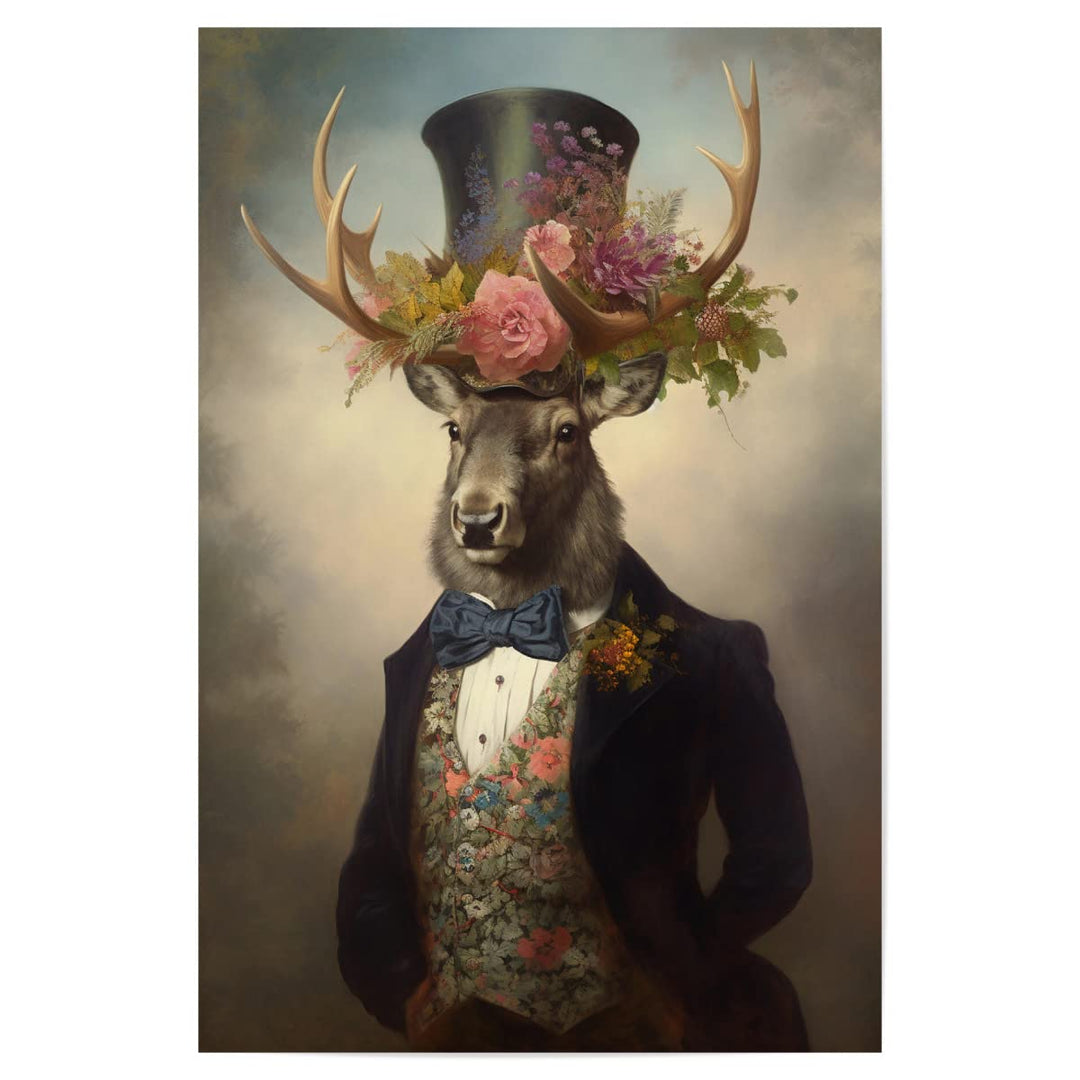 artboxONE Poster 30x20 cm Tiere Gentleman Hirsch mit Blumen hochwertiger Design Kunstdruck - Bild Hi