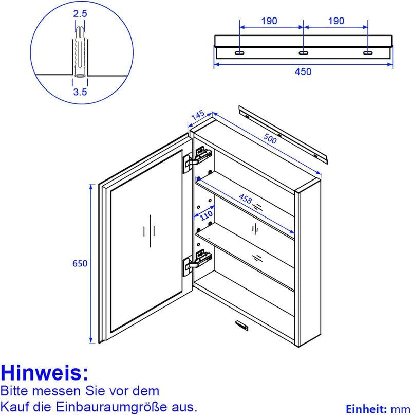 EMKE Spiegelschränke 50x65cm Spiegelschrank Badschrank mit Doppelseitiger Spiegel (Grau) Grau 50 x 6