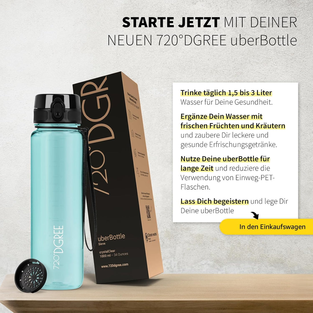 720°DGREE Trinkflasche 1l “uberBottle“ crystalClear +Sieb - BPA-Frei - Wasserflasche für Sport, Gym,