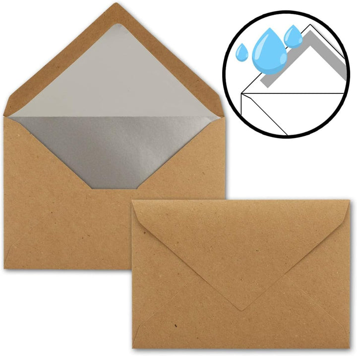 300x - Brief-Umschläge B6 mit Silber Innenfutter - 12,5 x 17,6 cm - Kraft-Papier braun Recycling Nas