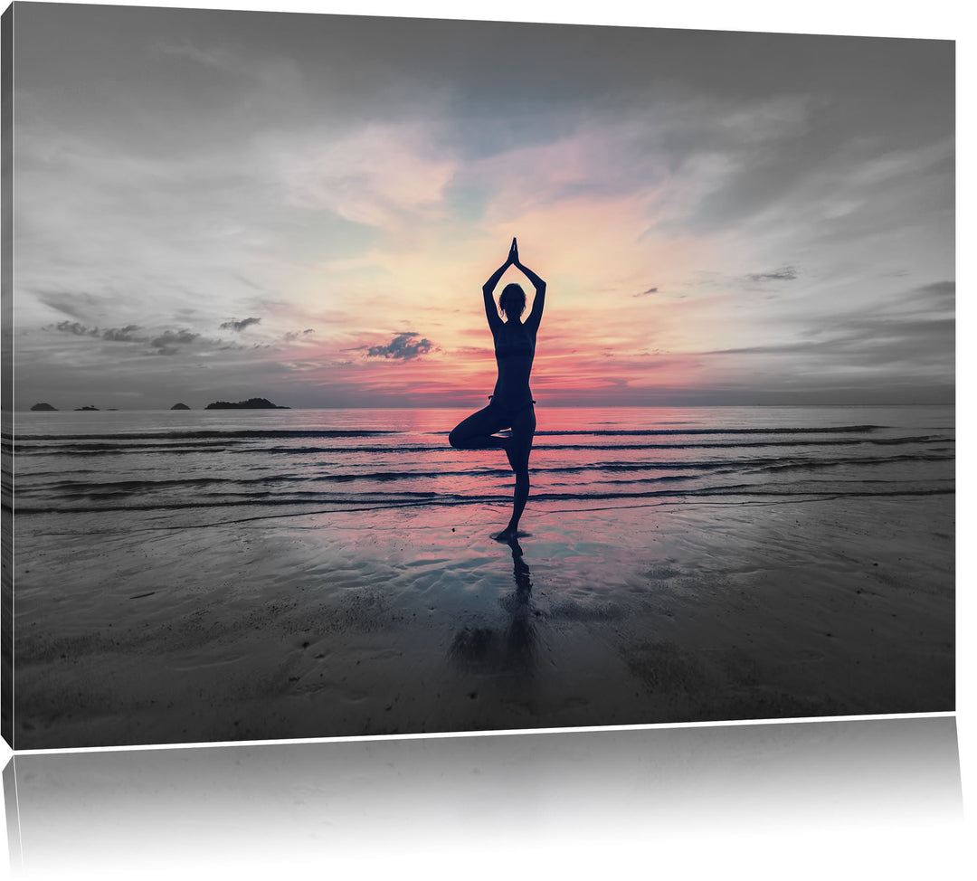 Yoga am Strand B&W Detail, Format: 100x70 auf Leinwand, XXL riesige Bilder fertig gerahmt mit Keilra