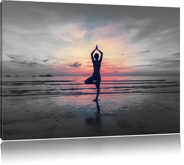 Yoga am Strand B&W Detail, Format: 100x70 auf Leinwand, XXL riesige Bilder fertig gerahmt mit Keilra