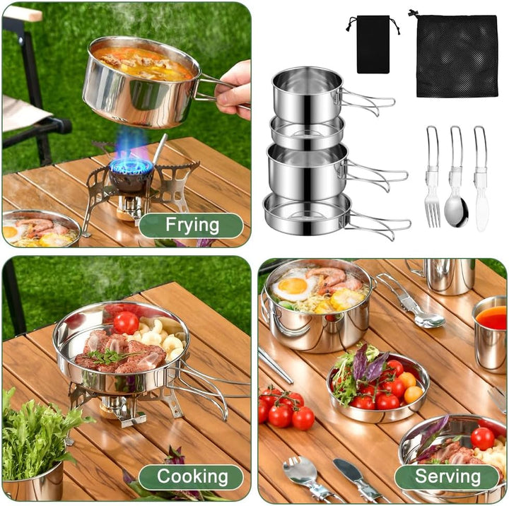 SLTAXAR Camping Kochgeschirr Set Edelstahl Kochtopf mit Pfanne Outdoor Kochgeschirr Picknick Topf 2-
