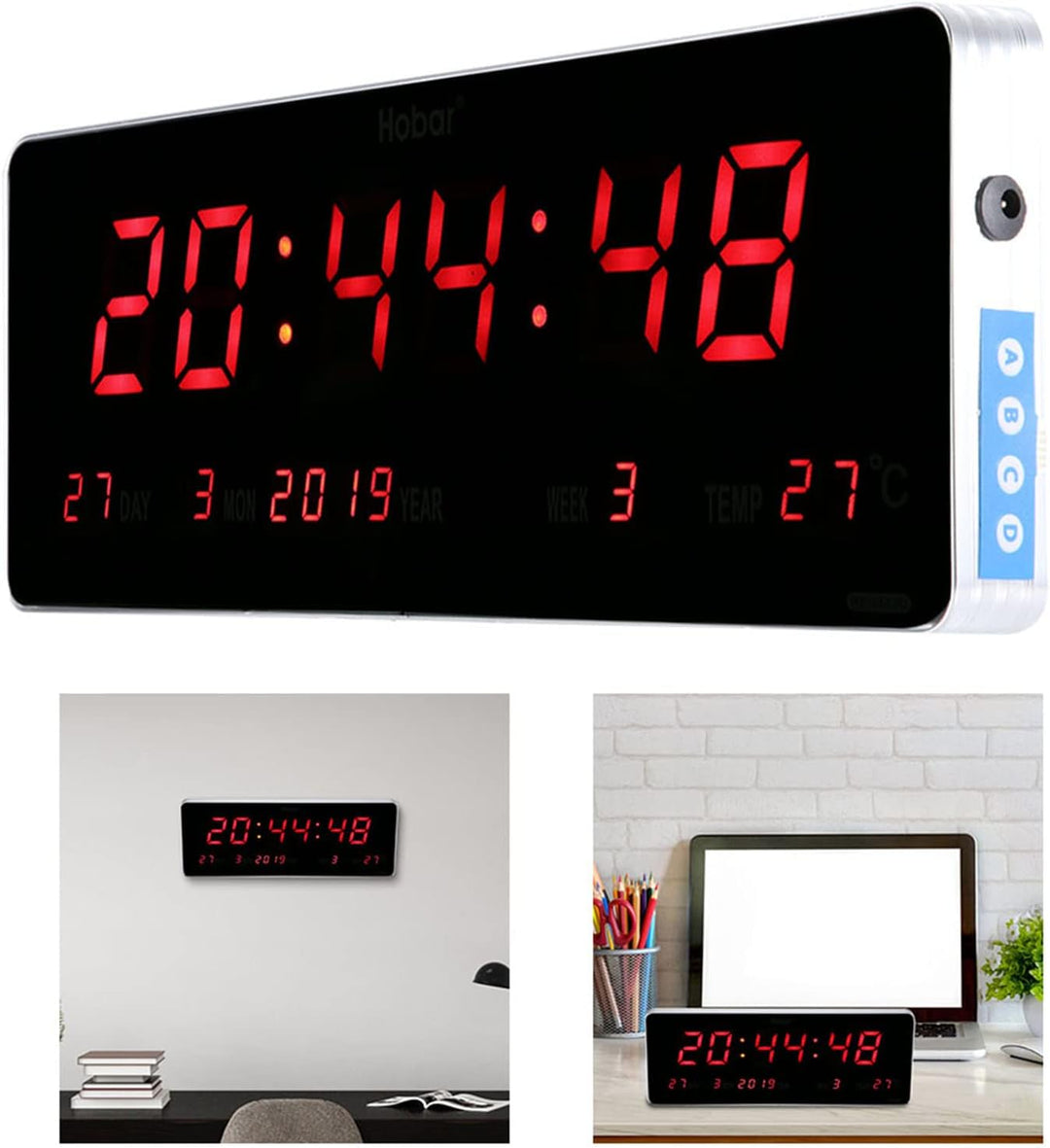 LED Digitaluhr, Aluminiumlegierung Rahmen Netzbetriebene Kalender Uhr Temperatur Wanduhren Grosse Ro
