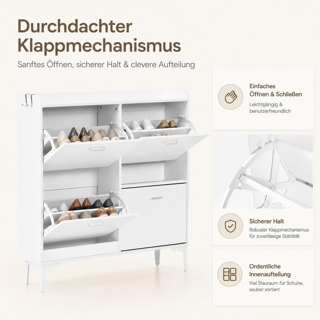 EGGREE Schuhschrank Schmal mit 4 Klappen, Schuhkipper für Flur, Schuhregal mit verstellbaren Fächern
