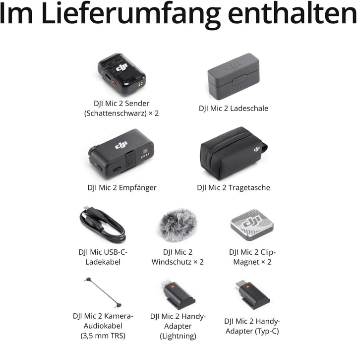 DJI Mic 2 (2 Sender + 1 Empfänger + Ladeschale), kabelloses Mikrofon für Kamera/Handy, Vlog, Streami