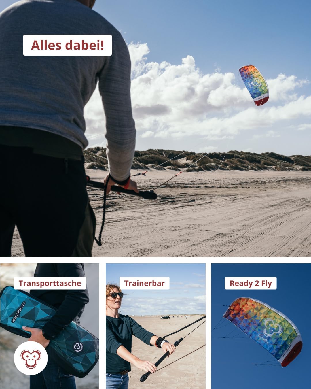 Skymonkey Windtrainer, Trainer-Kite / 4-Leiner Lenkmatte inkl. Trainerbar, Ready 2 Fly, mit 230 cm o