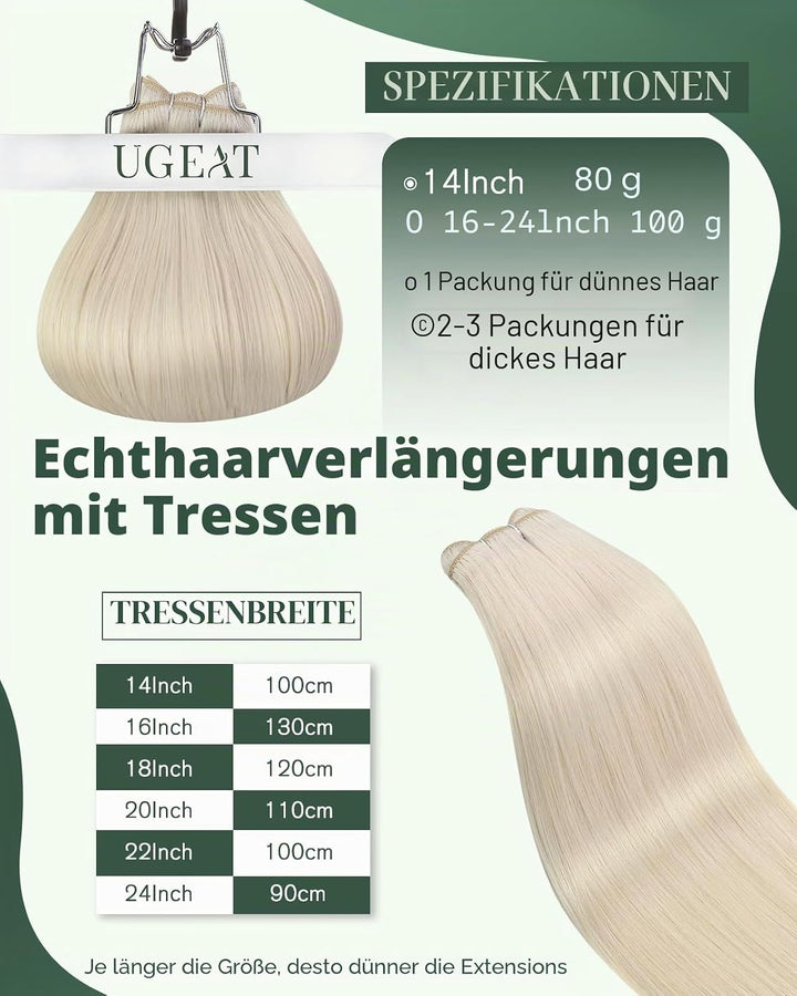 Ugeat Tressen Echthaar Platinblond 45 cm Extensions Tressen Echthaar Blond Glatt Haartressen Platinb