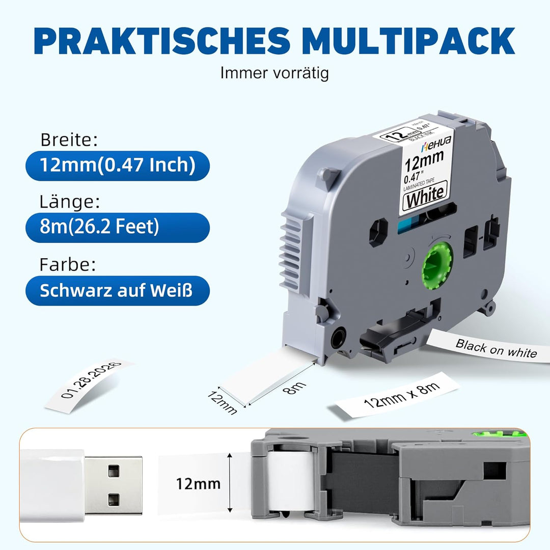 6x Hehua Ersatz für Brother Tze 231 Tz231 Schwarz auf Weiss Schriftband P Touch Tze 12mm Laminiert B