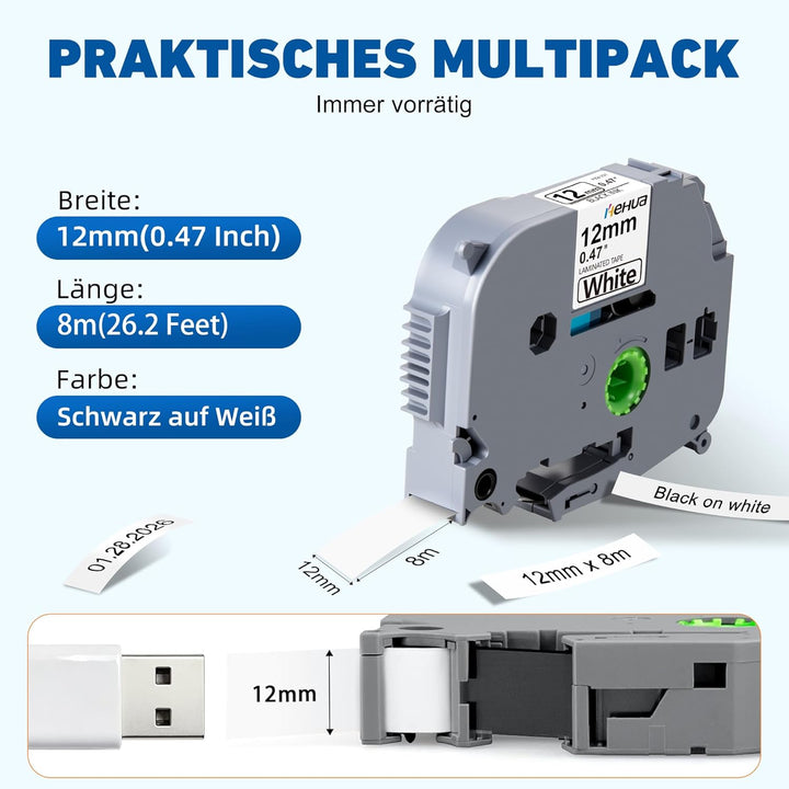 6x Hehua Kompatibel mit Brother P Touch Schriftband 12mm TZe131 TZe-231 TZe335, TZ Tape cassette 12m