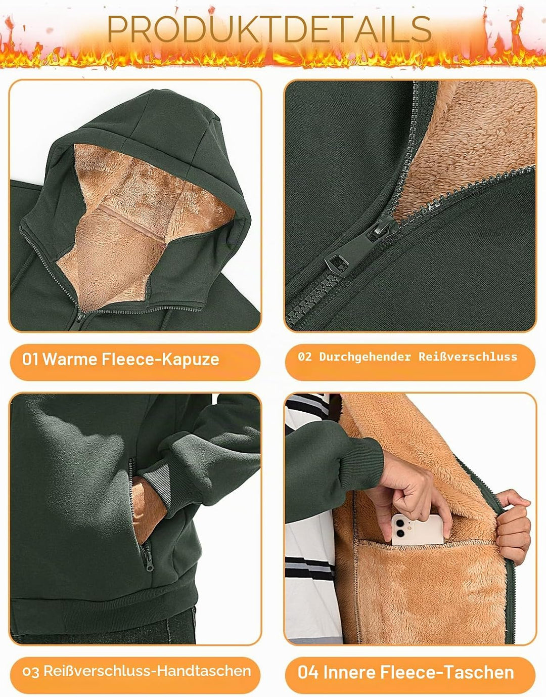 Xnova Sweatjacke Herren Fleecejacke Kapuzenpullover Zipper Hoodie Casual Bequemes und Warmes Übergan