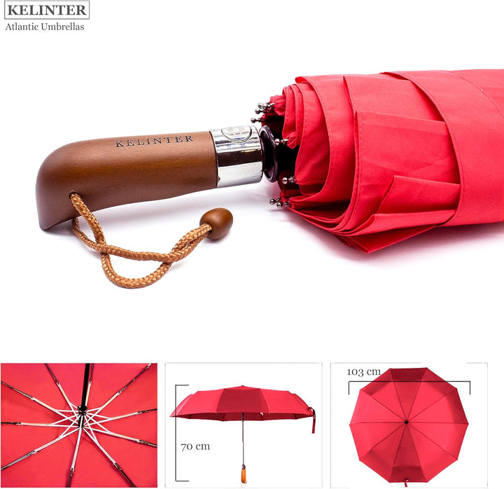 Automatischer Klappschirm - 10 Verstärkte Streben, Teflon 300T, Windsicher, Holzgriff Ergonomisch, K