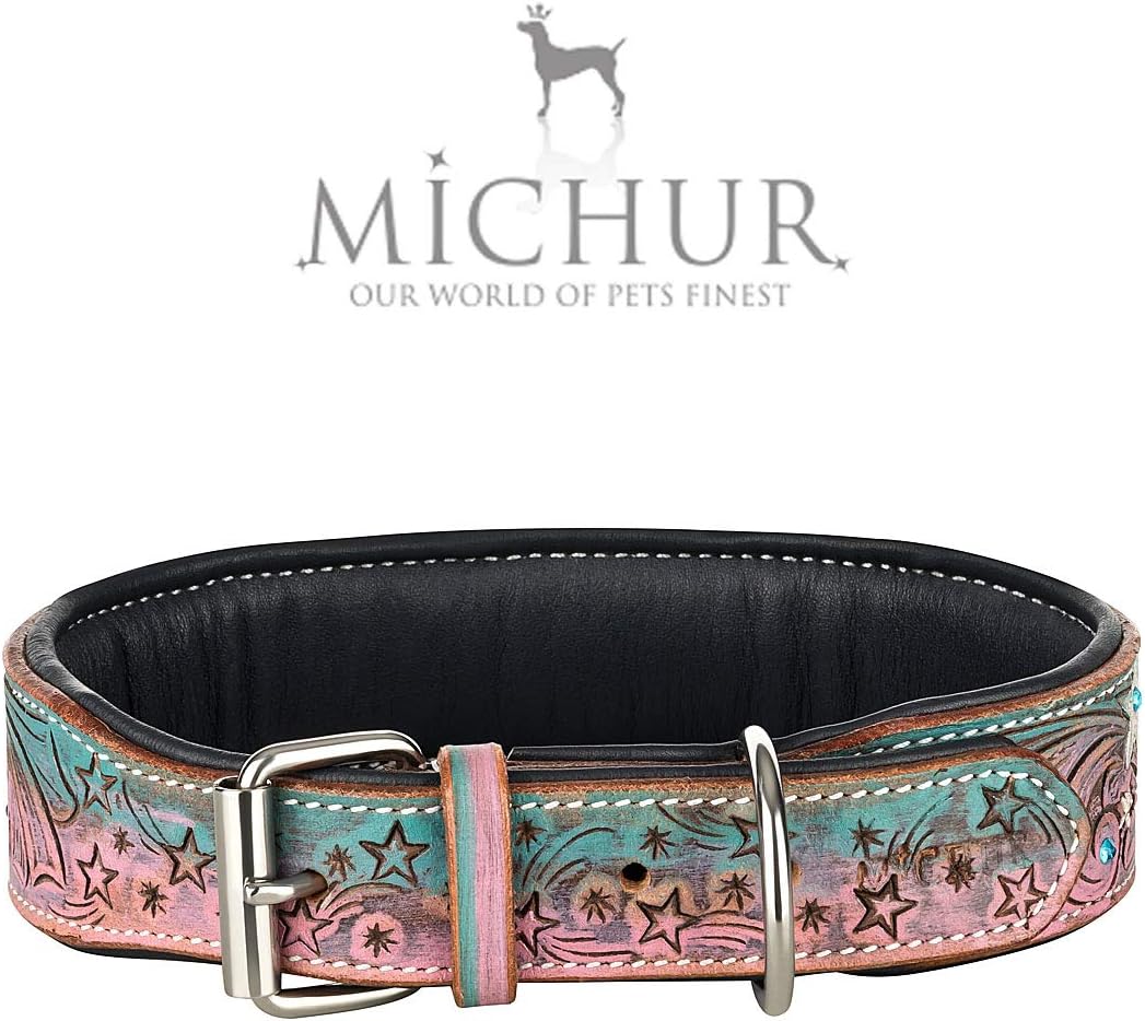 MICHUR Stardust Hundehalsband Leder, Lederhalsband Hund, Halsband, Leder, Stern Muster, Braun Grau P