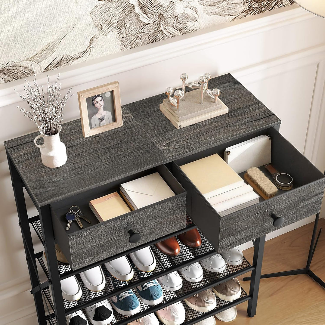 Schuhregal, Schuhablage mit 5 Ebenen, Schuhregal gross, Schuhständer mit 2 Stoffschubladen und 4 Git