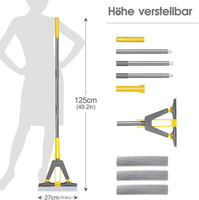 Masthome Schwamm Wischmopp,Schwammwischer mit 128cm Stiel Saugfähig Schwamm Bodenwischer mit 3 Schwa