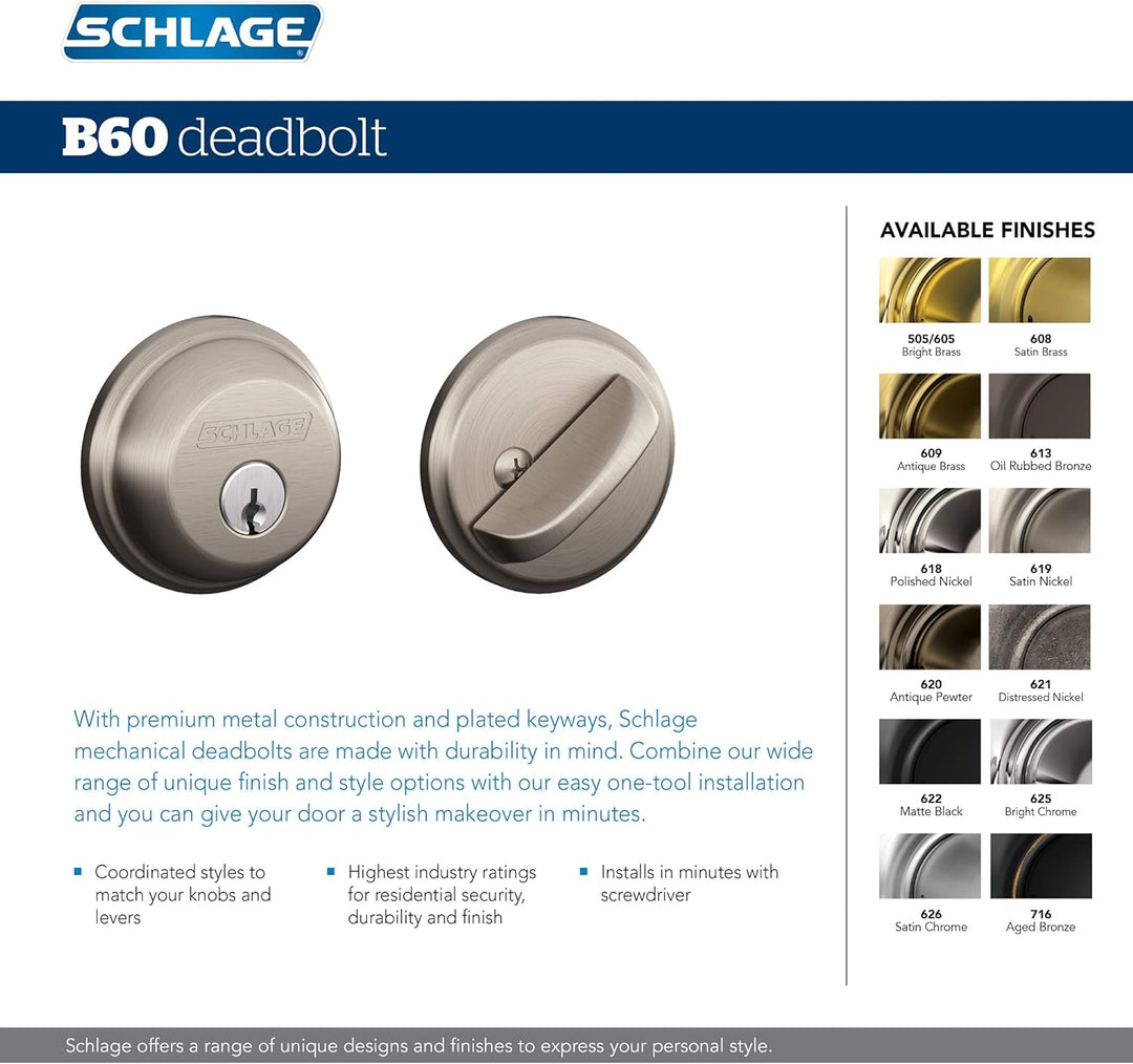 SCHLAGE B60N626 Deadbolt with Standard Trim Keyed 1 Side, Highest Residential Security, Satin Chrome