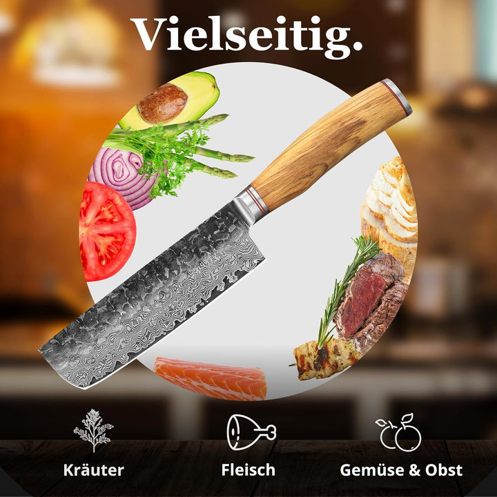 Wakoli Olive HS Serie Damastmesser Nakirimesser 17 cm Klinge extrem scharf aus 67 Lagen I Damast Pro