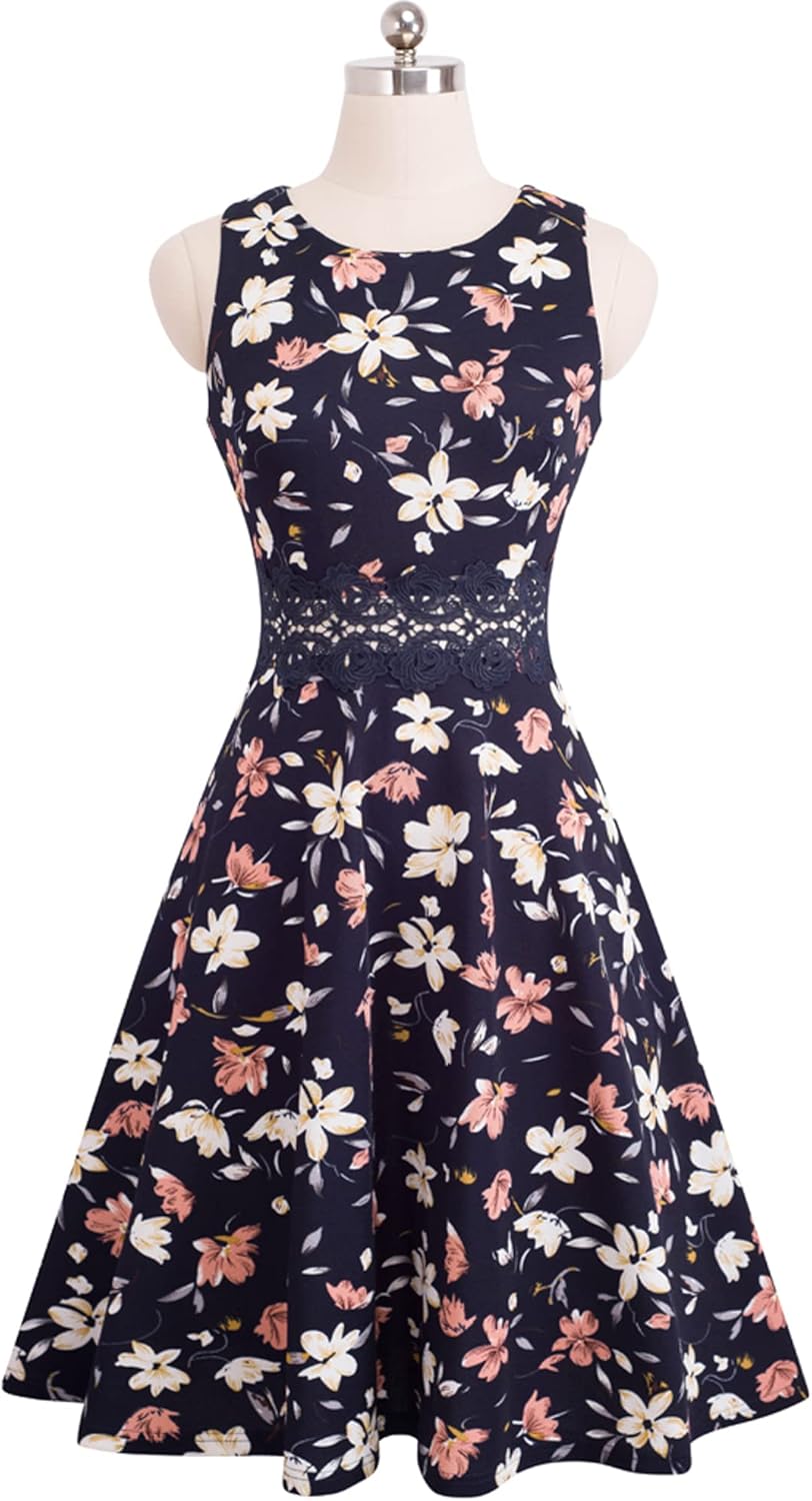 HOMEYEE Damen Vintage Rundhalsausschnitt Blumen Bestickt Knielang Elegant Cocktailkleid UKA079 S Dun