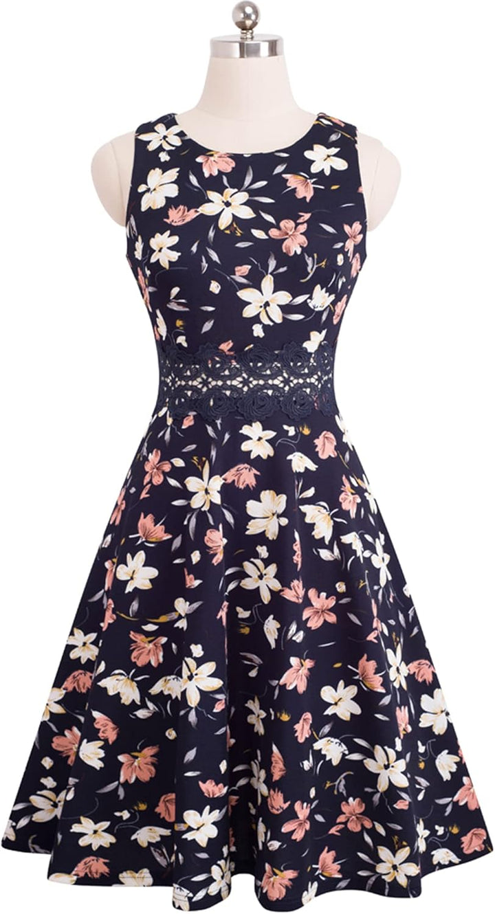 HOMEYEE Damen Vintage Rundhalsausschnitt Blumen Bestickt Knielang Elegant Cocktailkleid UKA079 S Dun