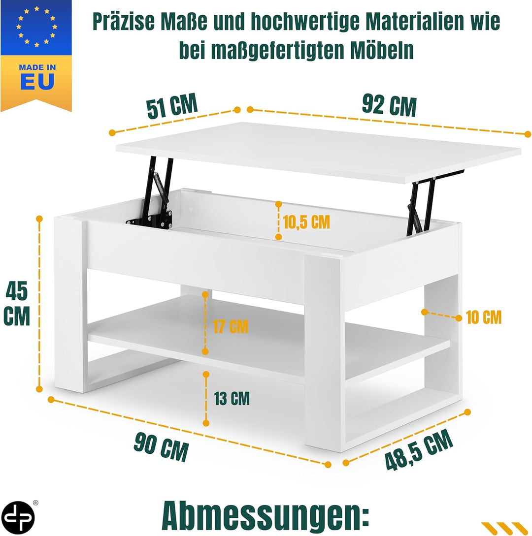 defiPad Couchtisch Weiss Höhenverstellbar mit Stauraum, Wohnzimmertisch mit hochziehbarer Tischplatt
