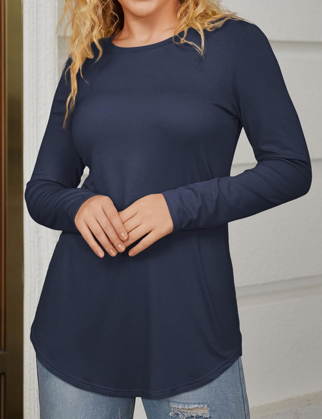 Beluring T-Shirt Damen Lässig Kurzarm/Langarm Oberteile Rundhals Longshirt L Marineblau, L Marinebla