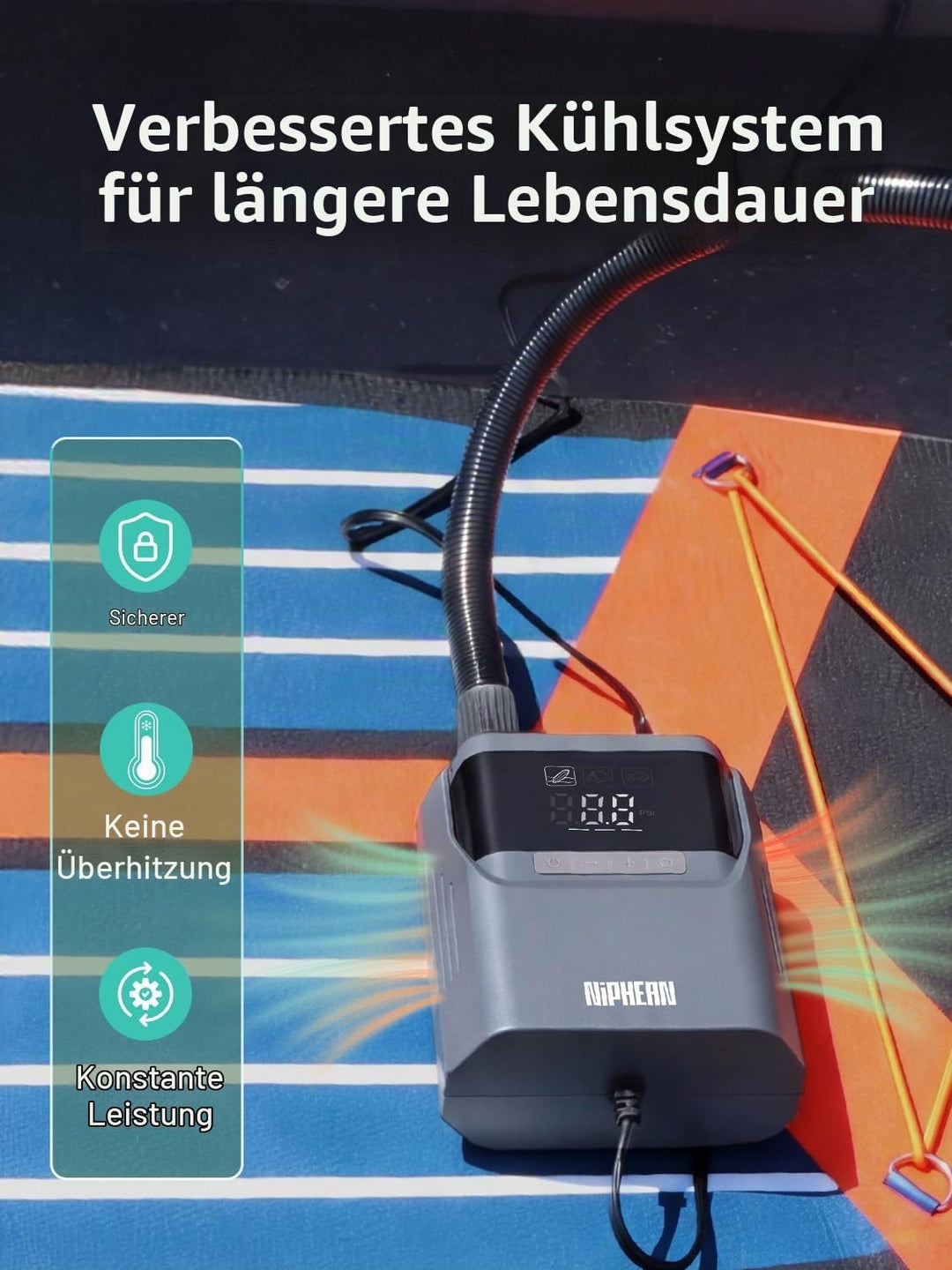 Niphean Elektrische Luftpumpe SUP mit (Extra-Langem) 300cm 12V Kabel, 50PSI SUP Pumpe Elektrisch für