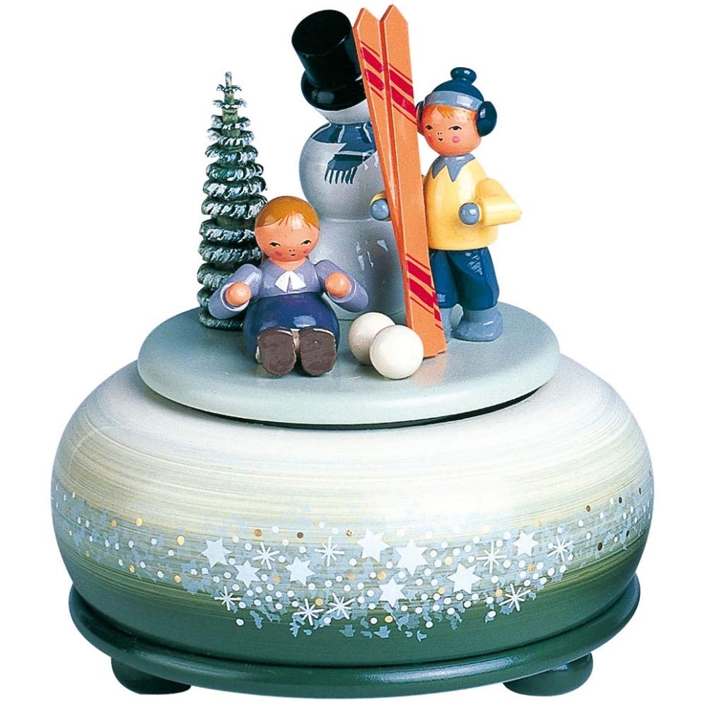 KWO Olbernhau 13024 Spieldose klein Winterfreuden Ski, 14 cm