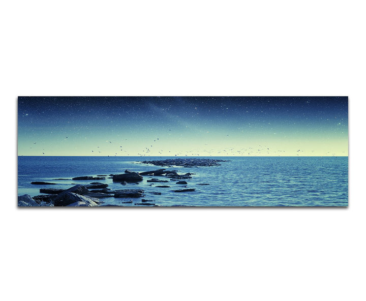 Paul Sinus Art Panoramabild auf Leinwand und Keilrahmen 150x50cm Meer Steine Vögel Morgengrauen Ster