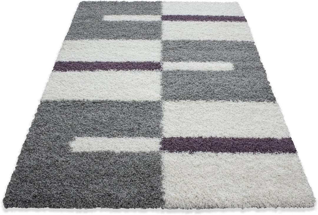 Teppium Shaggy Hochflor Teppich Läufer Flur 60 x 110 cm Lila - Kariertes Flauschiger Teppich, Weich